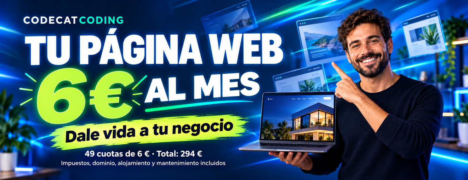Tu página web por 6 € al mes. 49 cuotas, total 294 €, impuestos, dominio, alojamiento y mantenimiento incluidos.