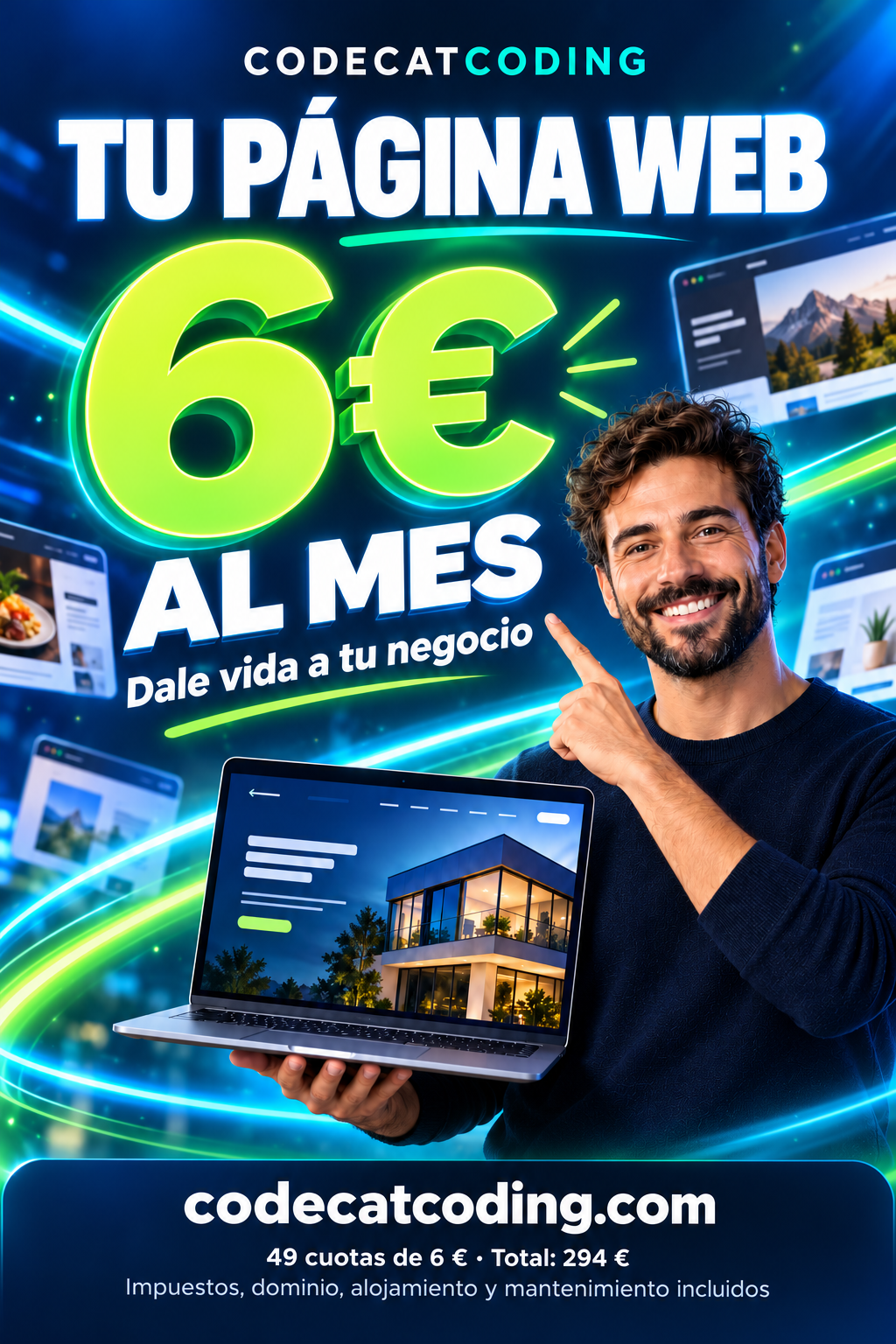 Hombre sonriente con barba y portátil señalando una oferta de página web por 6 € al mes durante 49 meses, con dominio, alojamiento, mantenimiento e impuestos incluidos.