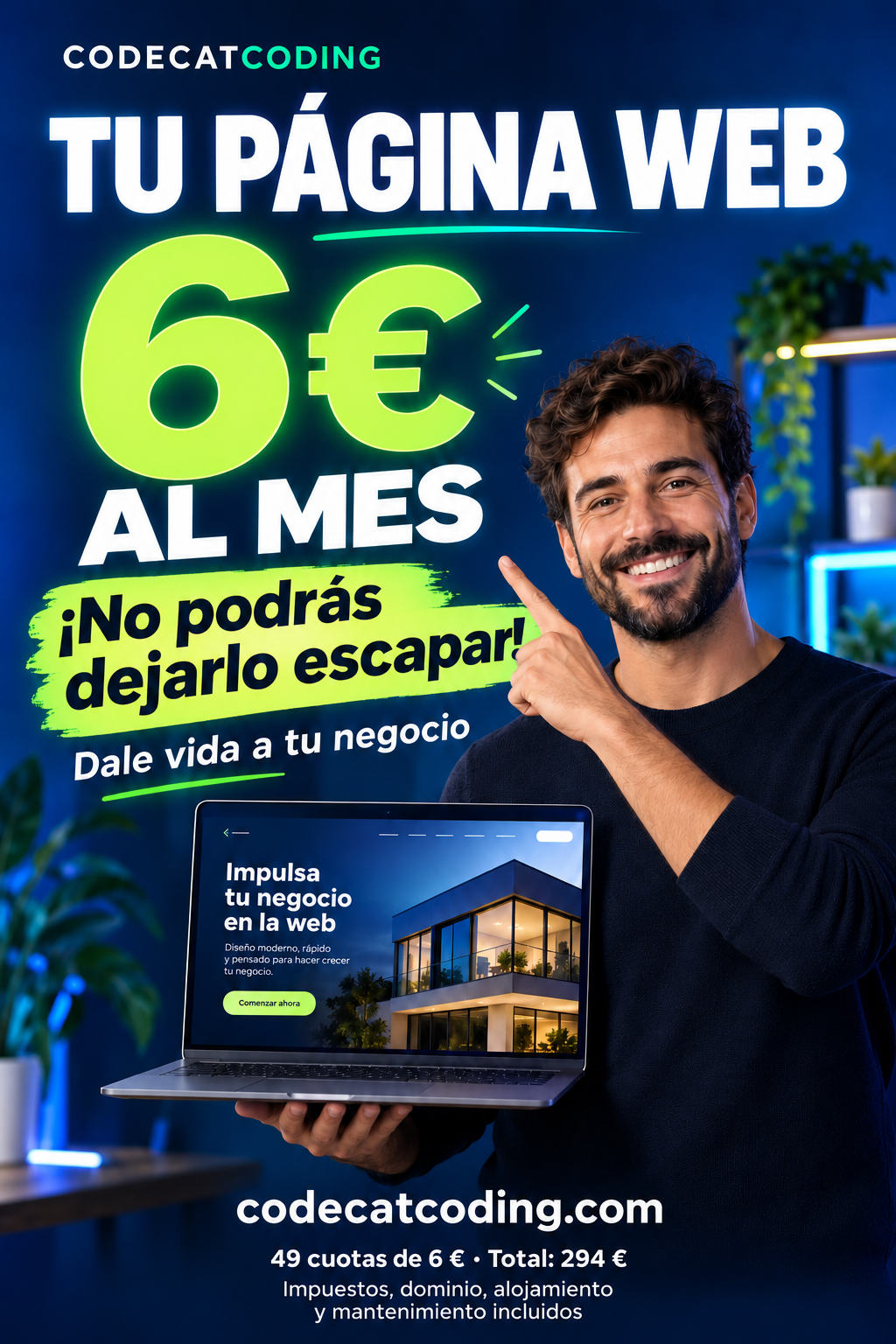 Hombre con barba sonriente, sosteniendo un portátil y señalando la oferta de una página web por 6 € al mes: 49 cuotas, 294 € en total, impuestos, dominio, alojamiento y mantenimiento incluidos.